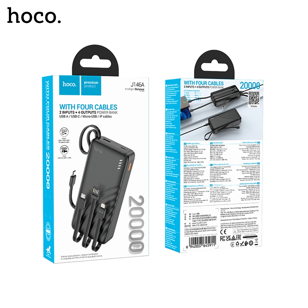 hoco j146a night tide power bank with 4 cables usb a + usb c + micro usb + lightning (20000mah) hoco j146a night tide power bank with 4 cables usb a + usb c + micro usb + lightning (20000mah)